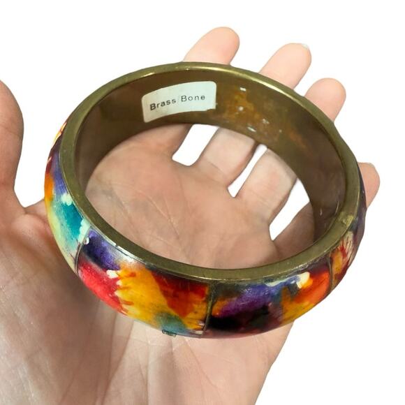 Bohemian Brass Bone Bracelet Chunky Wide Colorful Funky Artsy Bangle Hippie Cuff - Picture 2 of 8